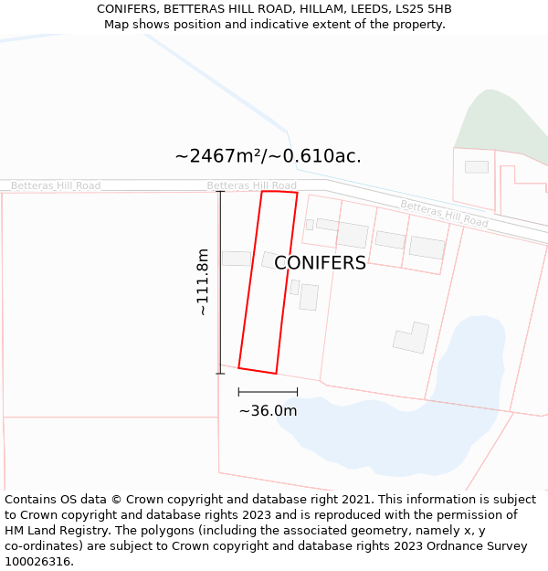 CONIFERS, BETTERAS HILL ROAD, HILLAM, LEEDS, LS25 5HB: Plot and title map