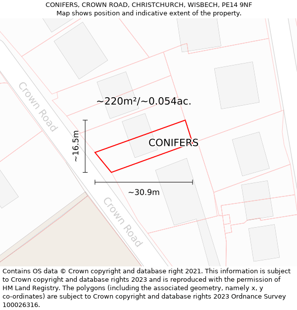 CONIFERS, CROWN ROAD, CHRISTCHURCH, WISBECH, PE14 9NF: Plot and title map