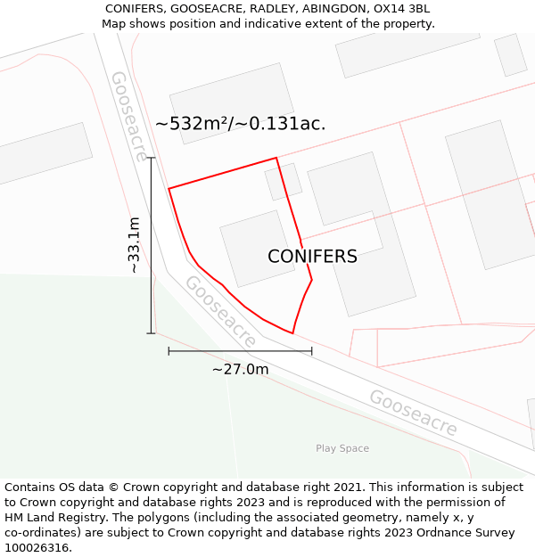 CONIFERS, GOOSEACRE, RADLEY, ABINGDON, OX14 3BL: Plot and title map