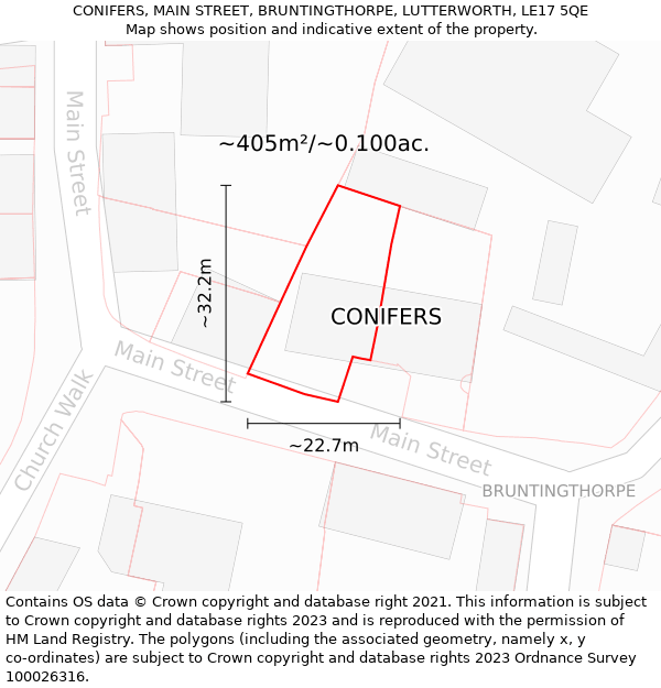 CONIFERS, MAIN STREET, BRUNTINGTHORPE, LUTTERWORTH, LE17 5QE: Plot and title map