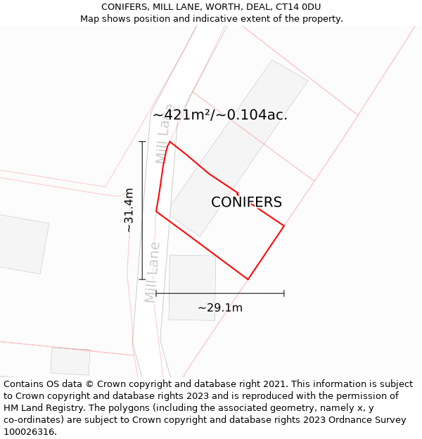 CONIFERS, MILL LANE, WORTH, DEAL, CT14 0DU: Plot and title map