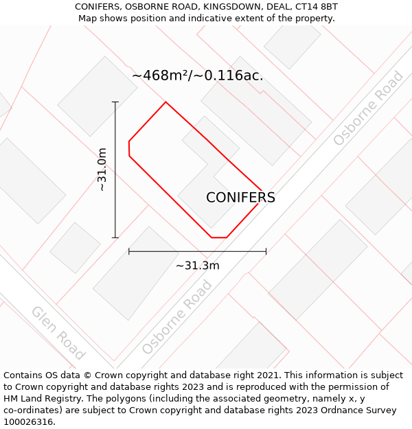 CONIFERS, OSBORNE ROAD, KINGSDOWN, DEAL, CT14 8BT: Plot and title map