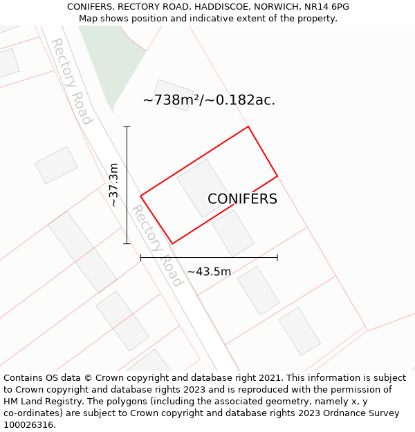 CONIFERS, RECTORY ROAD, HADDISCOE, NORWICH, NR14 6PG: Plot and title map