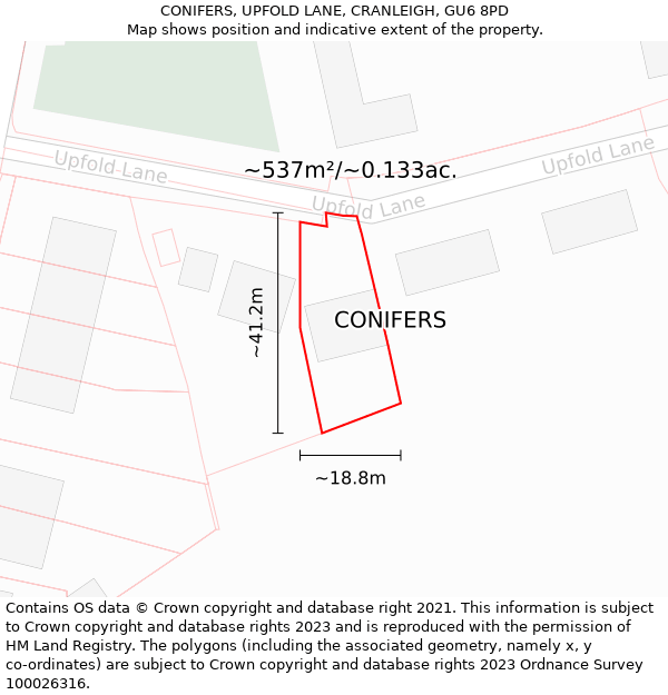 CONIFERS, UPFOLD LANE, CRANLEIGH, GU6 8PD: Plot and title map