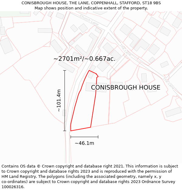 CONISBROUGH HOUSE, THE LANE, COPPENHALL, STAFFORD, ST18 9BS: Plot and title map