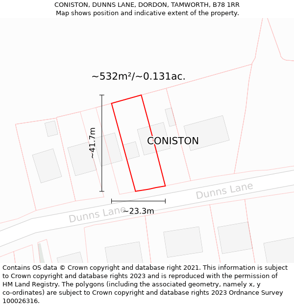 CONISTON, DUNNS LANE, DORDON, TAMWORTH, B78 1RR: Plot and title map