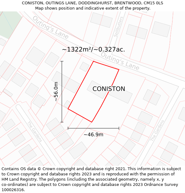 CONISTON, OUTINGS LANE, DODDINGHURST, BRENTWOOD, CM15 0LS: Plot and title map