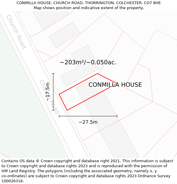 CONMILLA HOUSE, CHURCH ROAD, THORRINGTON, COLCHESTER, CO7 8HE: Plot and title map