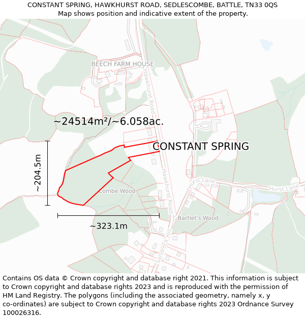 CONSTANT SPRING, HAWKHURST ROAD, SEDLESCOMBE, BATTLE, TN33 0QS: Plot and title map