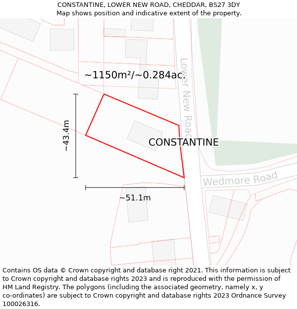 CONSTANTINE, LOWER NEW ROAD, CHEDDAR, BS27 3DY: Plot and title map