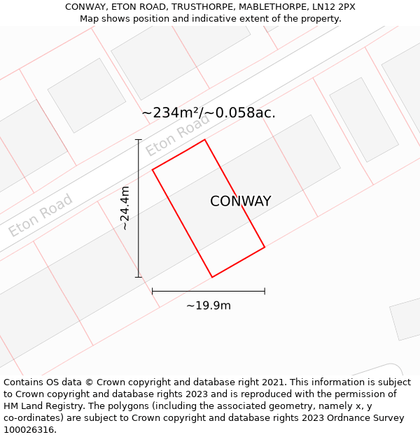 CONWAY, ETON ROAD, TRUSTHORPE, MABLETHORPE, LN12 2PX: Plot and title map