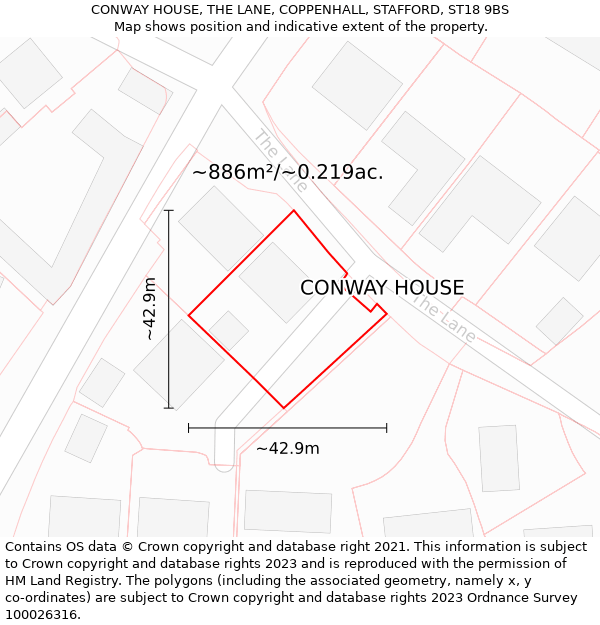 CONWAY HOUSE, THE LANE, COPPENHALL, STAFFORD, ST18 9BS: Plot and title map