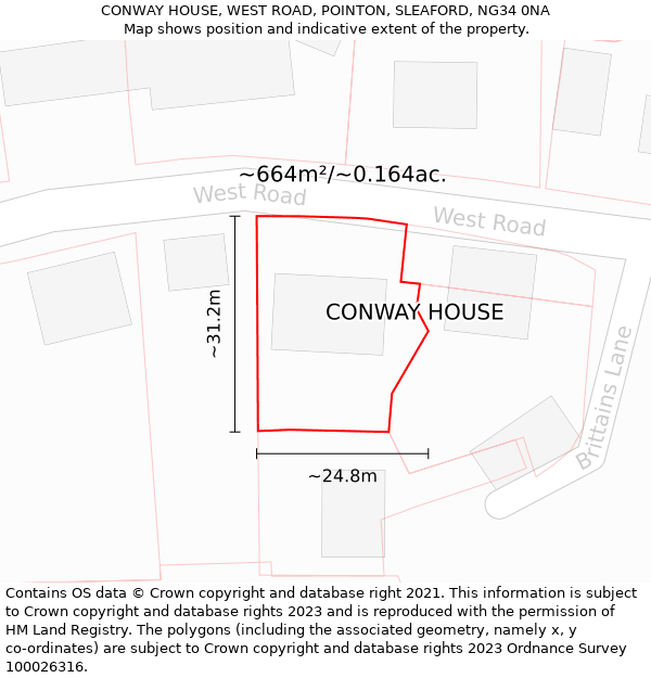 CONWAY HOUSE, WEST ROAD, POINTON, SLEAFORD, NG34 0NA: Plot and title map
