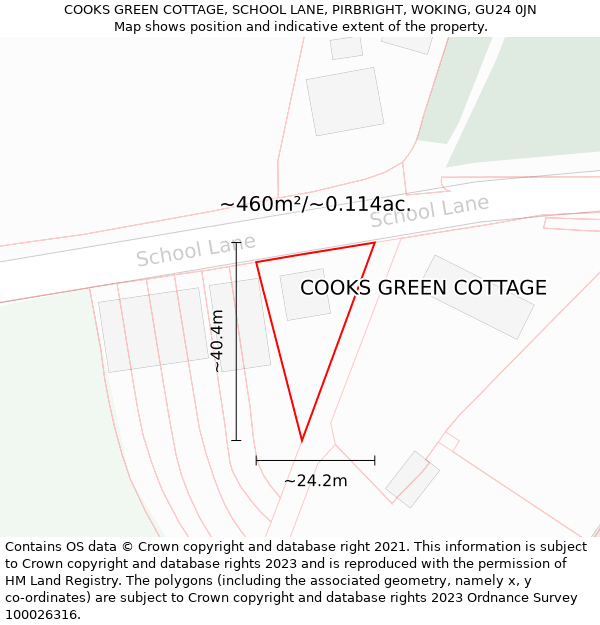 COOKS GREEN COTTAGE, SCHOOL LANE, PIRBRIGHT, WOKING, GU24 0JN: Plot and title map