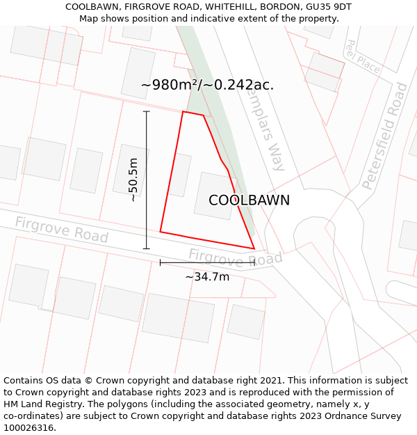 COOLBAWN, FIRGROVE ROAD, WHITEHILL, BORDON, GU35 9DT: Plot and title map