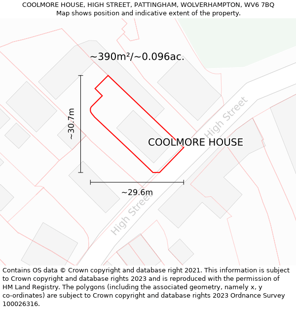 COOLMORE HOUSE, HIGH STREET, PATTINGHAM, WOLVERHAMPTON, WV6 7BQ: Plot and title map