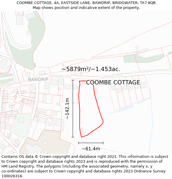 COOMBE COTTAGE, 4A, EASTSIDE LANE, BAWDRIP, BRIDGWATER, TA7 8QB: Plot and title map