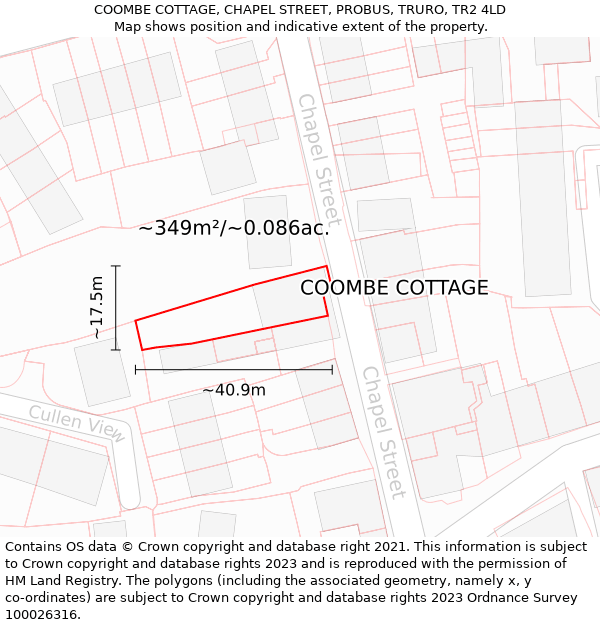 COOMBE COTTAGE, CHAPEL STREET, PROBUS, TRURO, TR2 4LD: Plot and title map