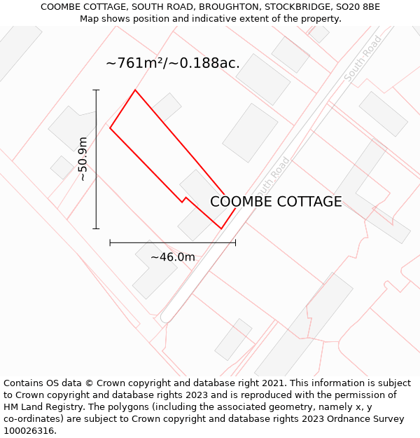 COOMBE COTTAGE, SOUTH ROAD, BROUGHTON, STOCKBRIDGE, SO20 8BE: Plot and title map