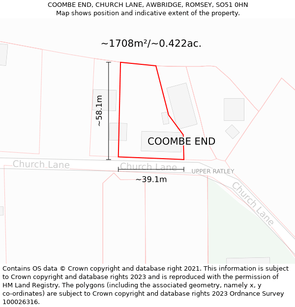 COOMBE END, CHURCH LANE, AWBRIDGE, ROMSEY, SO51 0HN: Plot and title map