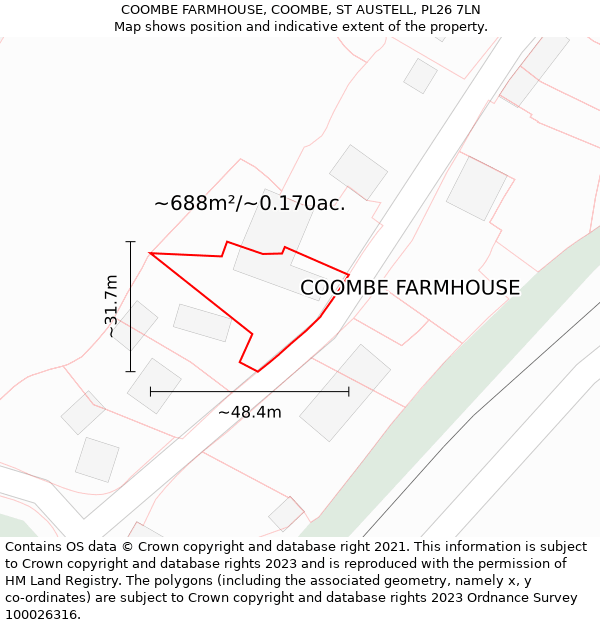 COOMBE FARMHOUSE, COOMBE, ST AUSTELL, PL26 7LN: Plot and title map