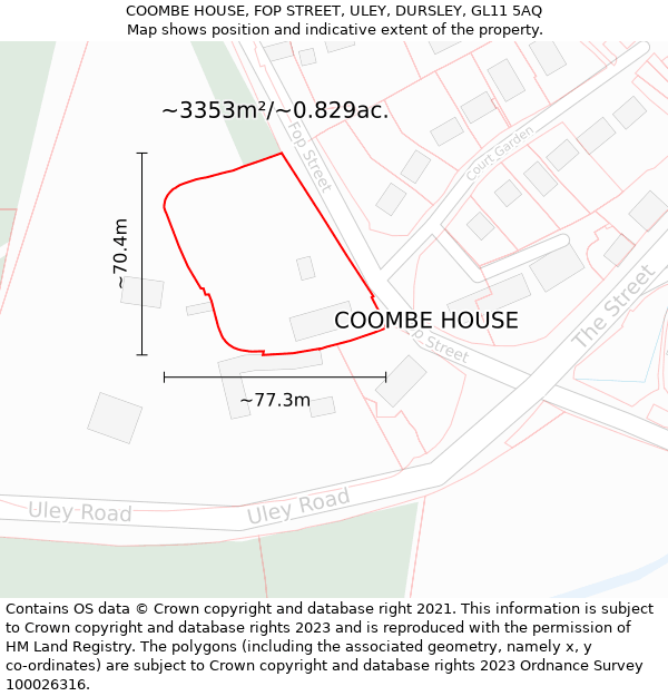 COOMBE HOUSE, FOP STREET, ULEY, DURSLEY, GL11 5AQ: Plot and title map