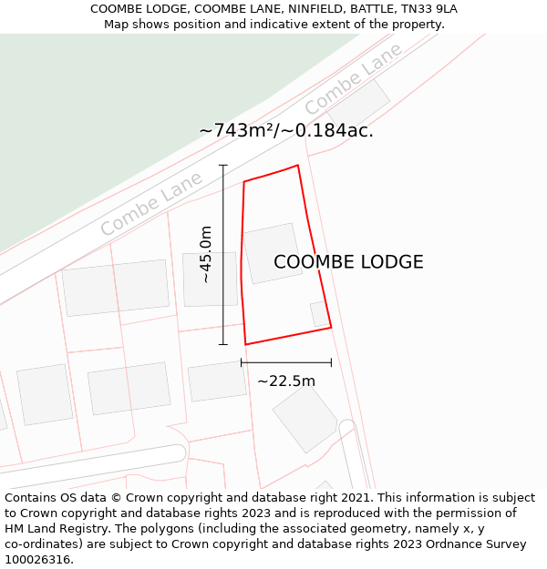 COOMBE LODGE, COOMBE LANE, NINFIELD, BATTLE, TN33 9LA: Plot and title map