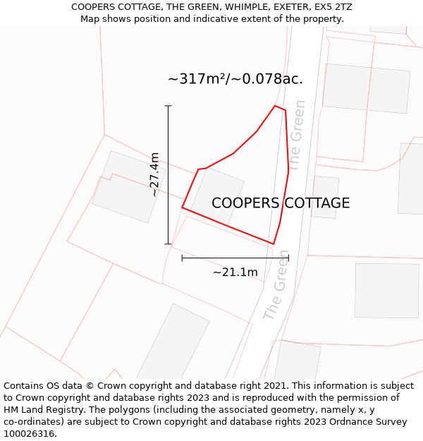 COOPERS COTTAGE, THE GREEN, WHIMPLE, EXETER, EX5 2TZ: Plot and title map