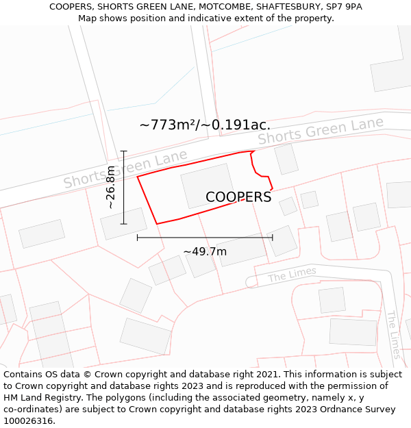 COOPERS, SHORTS GREEN LANE, MOTCOMBE, SHAFTESBURY, SP7 9PA: Plot and title map