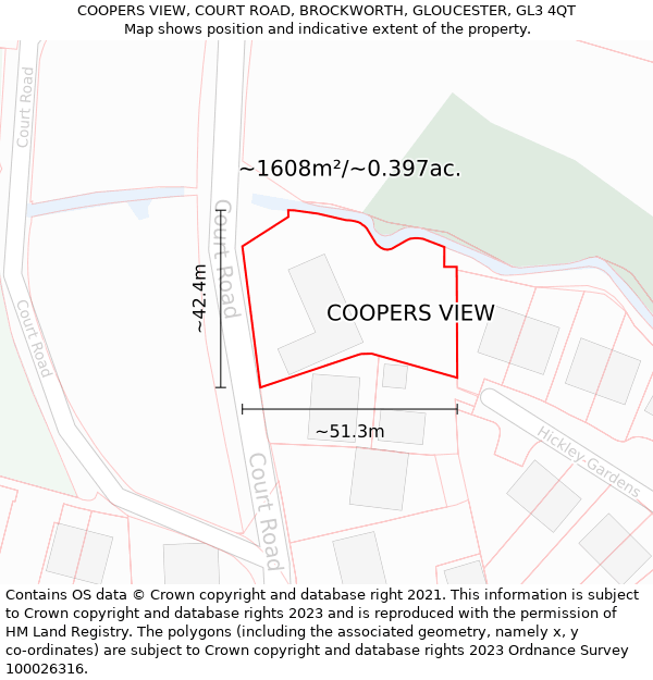 COOPERS VIEW, COURT ROAD, BROCKWORTH, GLOUCESTER, GL3 4QT: Plot and title map