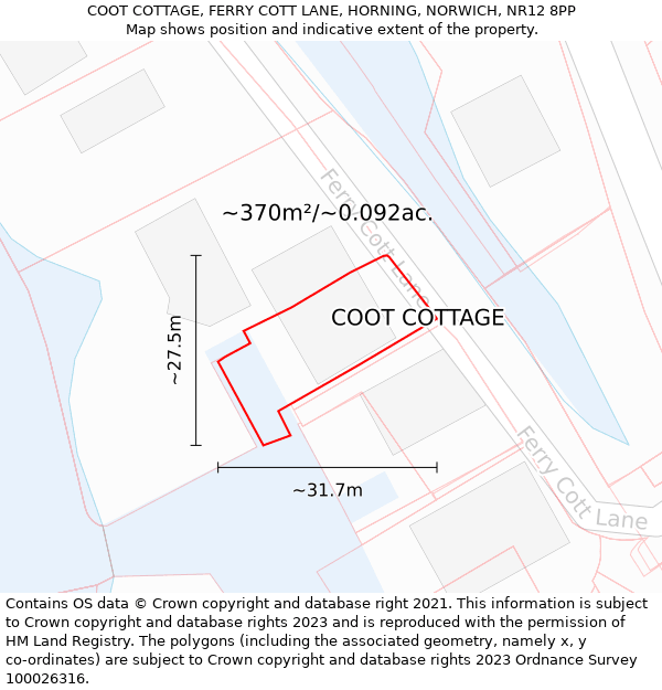 COOT COTTAGE, FERRY COTT LANE, HORNING, NORWICH, NR12 8PP: Plot and title map