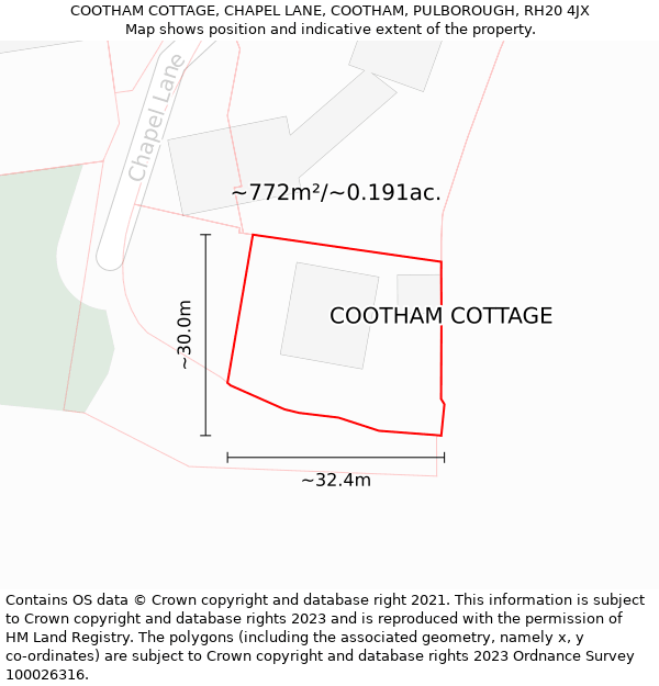 COOTHAM COTTAGE, CHAPEL LANE, COOTHAM, PULBOROUGH, RH20 4JX: Plot and title map