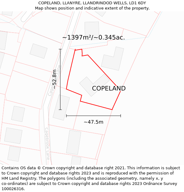 COPELAND, LLANYRE, LLANDRINDOD WELLS, LD1 6DY: Plot and title map