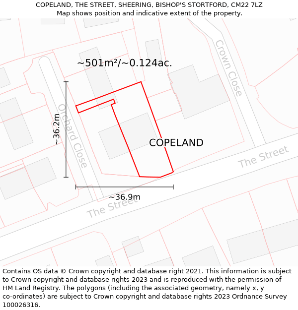 COPELAND, THE STREET, SHEERING, BISHOP'S STORTFORD, CM22 7LZ: Plot and title map
