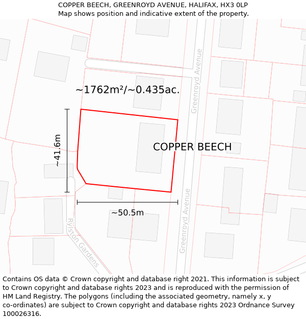 COPPER BEECH, GREENROYD AVENUE, HALIFAX, HX3 0LP: Plot and title map