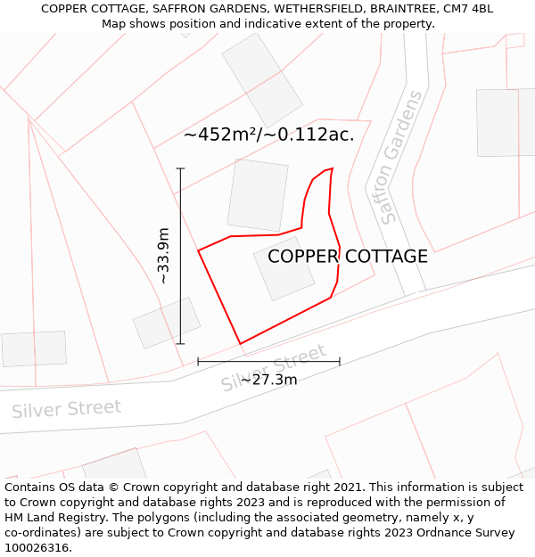 COPPER COTTAGE, SAFFRON GARDENS, WETHERSFIELD, BRAINTREE, CM7 4BL: Plot and title map