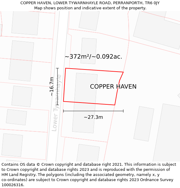 COPPER HAVEN, LOWER TYWARNHAYLE ROAD, PERRANPORTH, TR6 0JY: Plot and title map