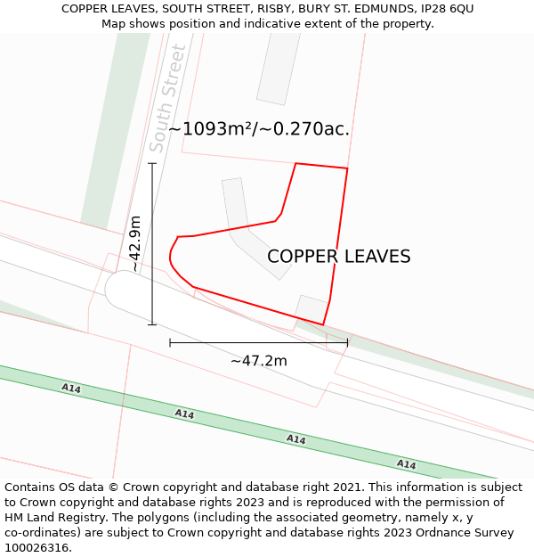 COPPER LEAVES, SOUTH STREET, RISBY, BURY ST. EDMUNDS, IP28 6QU: Plot and title map