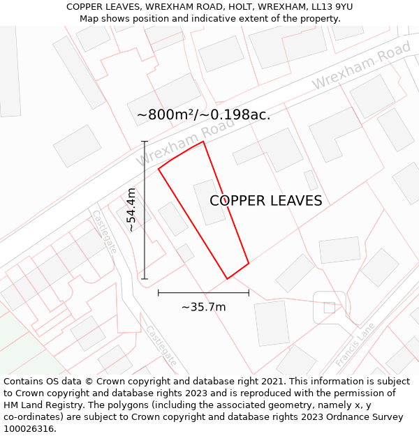 COPPER LEAVES, WREXHAM ROAD, HOLT, WREXHAM, LL13 9YU: Plot and title map