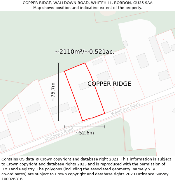 COPPER RIDGE, WALLDOWN ROAD, WHITEHILL, BORDON, GU35 9AA: Plot and title map