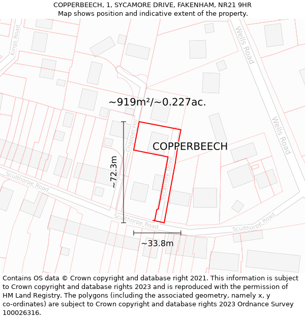 COPPERBEECH, 1, SYCAMORE DRIVE, FAKENHAM, NR21 9HR: Plot and title map
