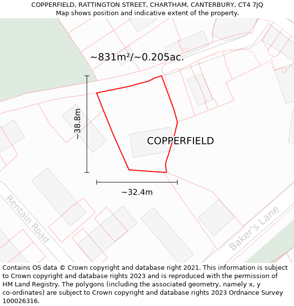 COPPERFIELD, RATTINGTON STREET, CHARTHAM, CANTERBURY, CT4 7JQ: Plot and title map