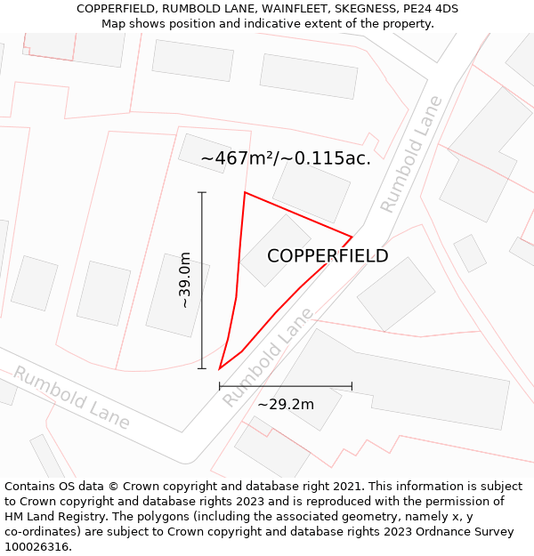 COPPERFIELD, RUMBOLD LANE, WAINFLEET, SKEGNESS, PE24 4DS: Plot and title map