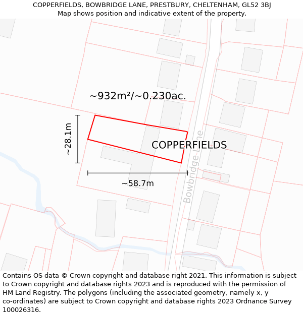 COPPERFIELDS, BOWBRIDGE LANE, PRESTBURY, CHELTENHAM, GL52 3BJ: Plot and title map