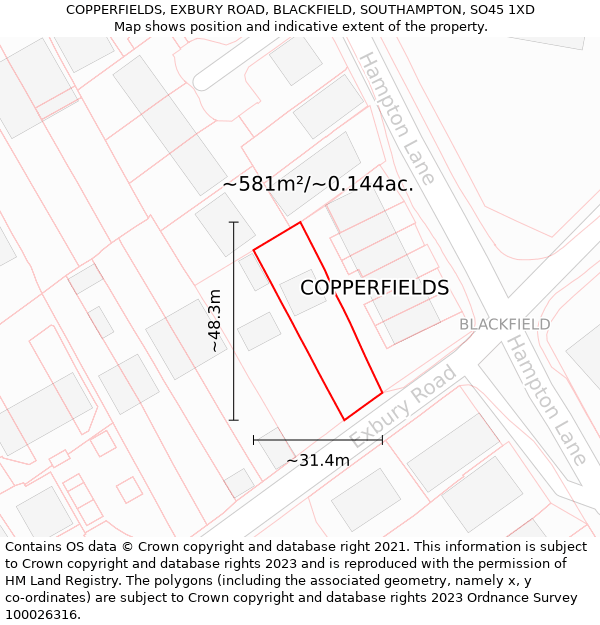 COPPERFIELDS, EXBURY ROAD, BLACKFIELD, SOUTHAMPTON, SO45 1XD: Plot and title map