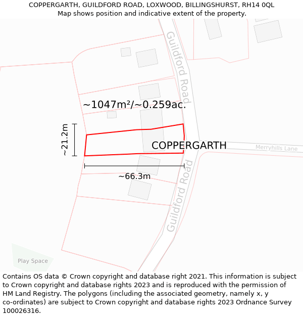 COPPERGARTH, GUILDFORD ROAD, LOXWOOD, BILLINGSHURST, RH14 0QL: Plot and title map