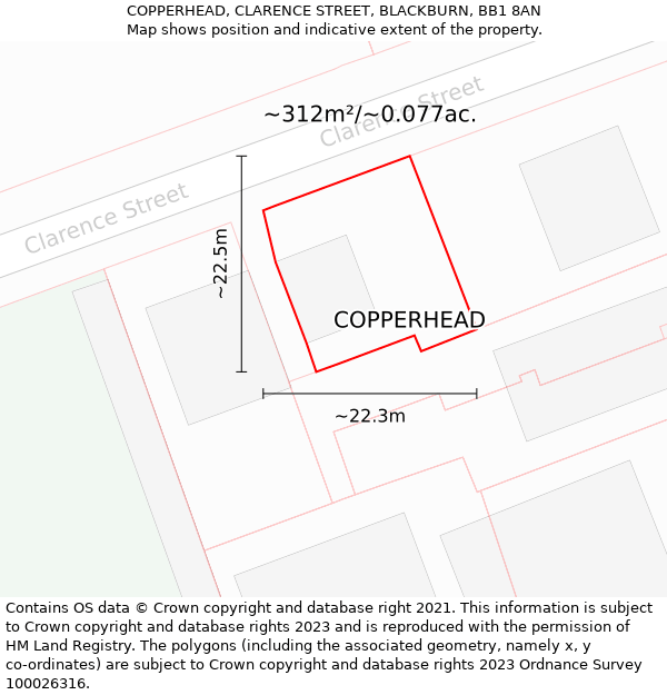 COPPERHEAD, CLARENCE STREET, BLACKBURN, BB1 8AN: Plot and title map