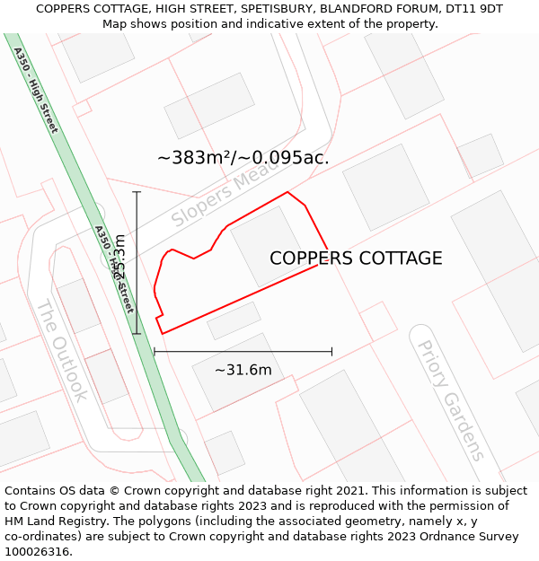 COPPERS COTTAGE, HIGH STREET, SPETISBURY, BLANDFORD FORUM, DT11 9DT: Plot and title map