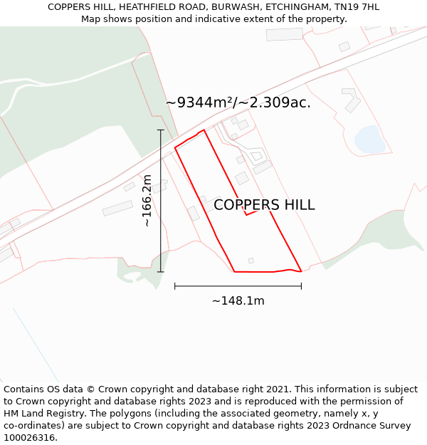 COPPERS HILL, HEATHFIELD ROAD, BURWASH, ETCHINGHAM, TN19 7HL: Plot and title map