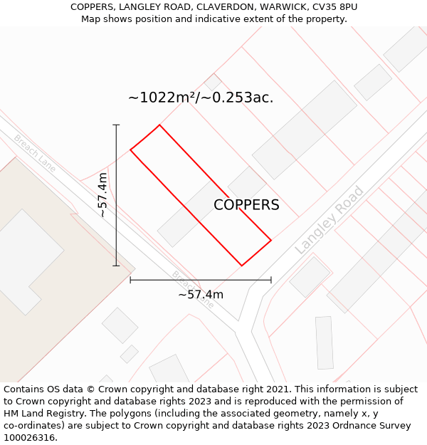 COPPERS, LANGLEY ROAD, CLAVERDON, WARWICK, CV35 8PU: Plot and title map